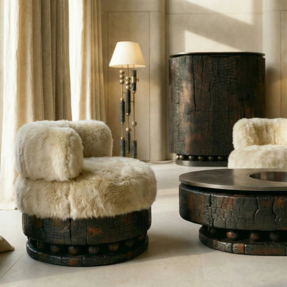Cendre armchairs, coffee table, cabinet and floor lamp by Diamant Versatile, shown together in a sunlit interior.
